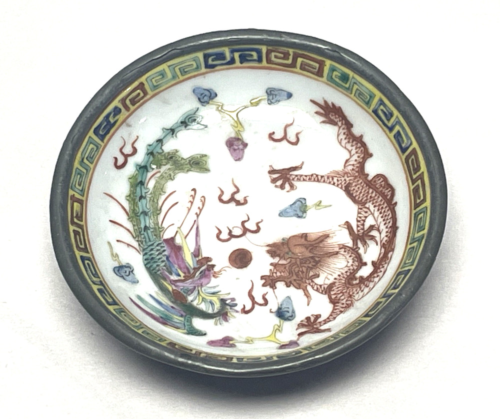 Antique Chinese Export Pewter Encased Porcelain Dragon Phoenix Bowl 4" Marked